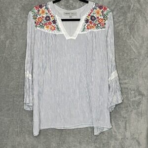 Absolutely Famous Large Top Shirt Gray Striped V Neck Bell 3/4 Sleeve Womens